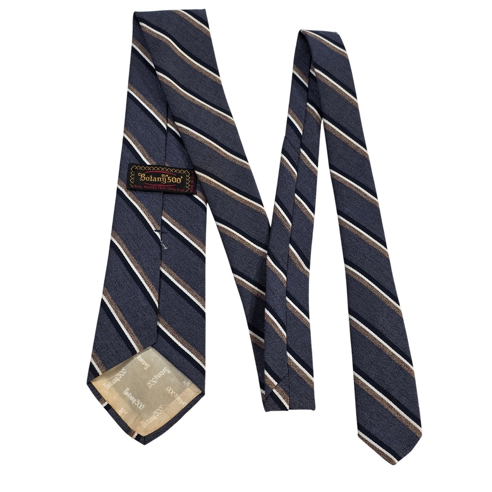 Botany 500 Mens Vintage Navy Blue Tan Striped Silk Blend Necktie Made in USA